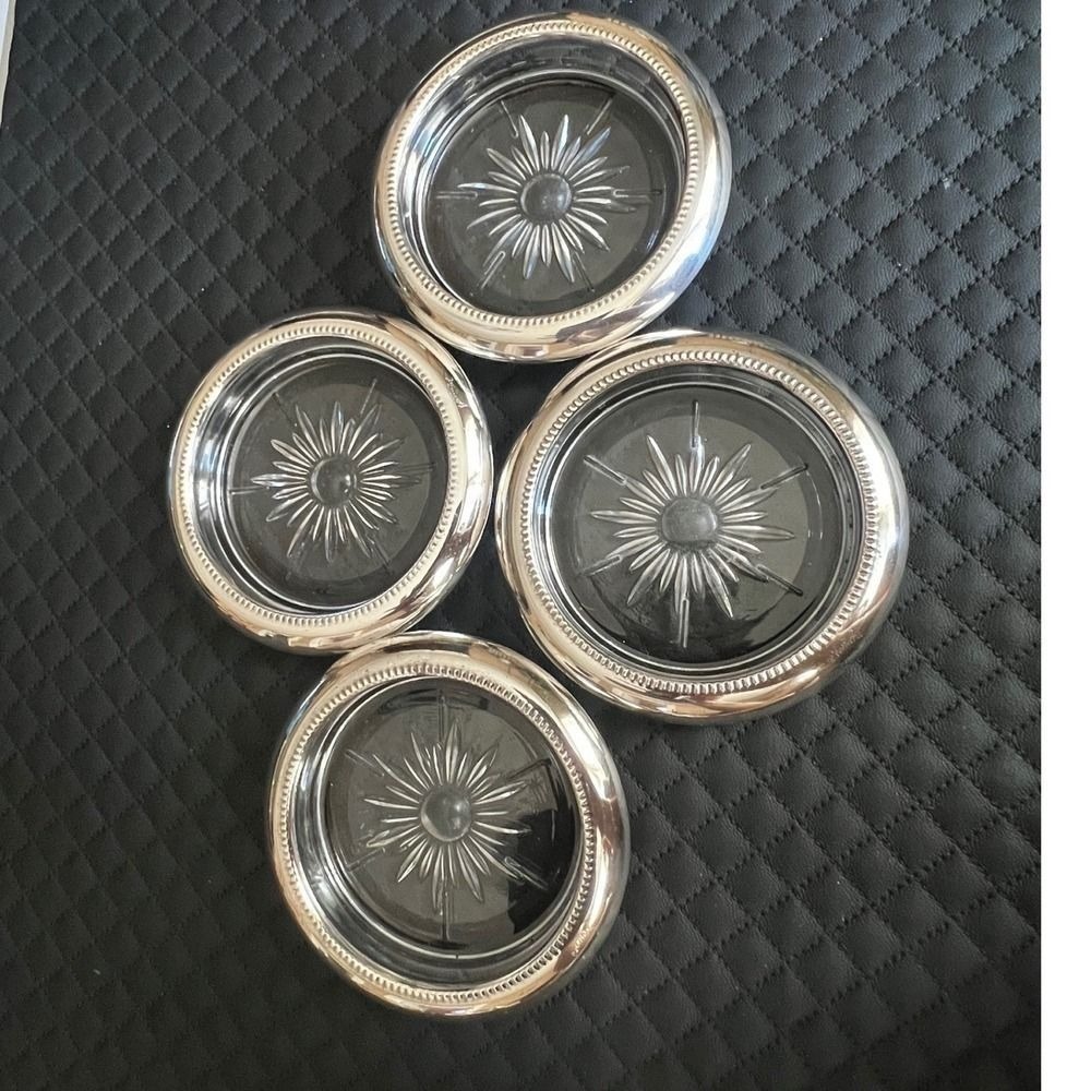 Leonard Silverplate Glass Starburst Coasters‎ Set of 4 Made in Italy Beaded Rim